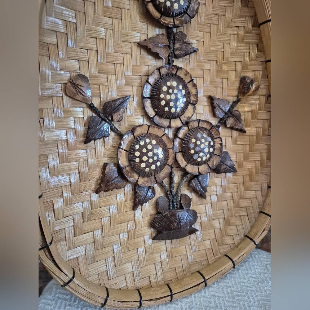 Vintage Handmade Floral Wicker And Coconut Shell Basket Wall Hanging - Picture 2 of 9